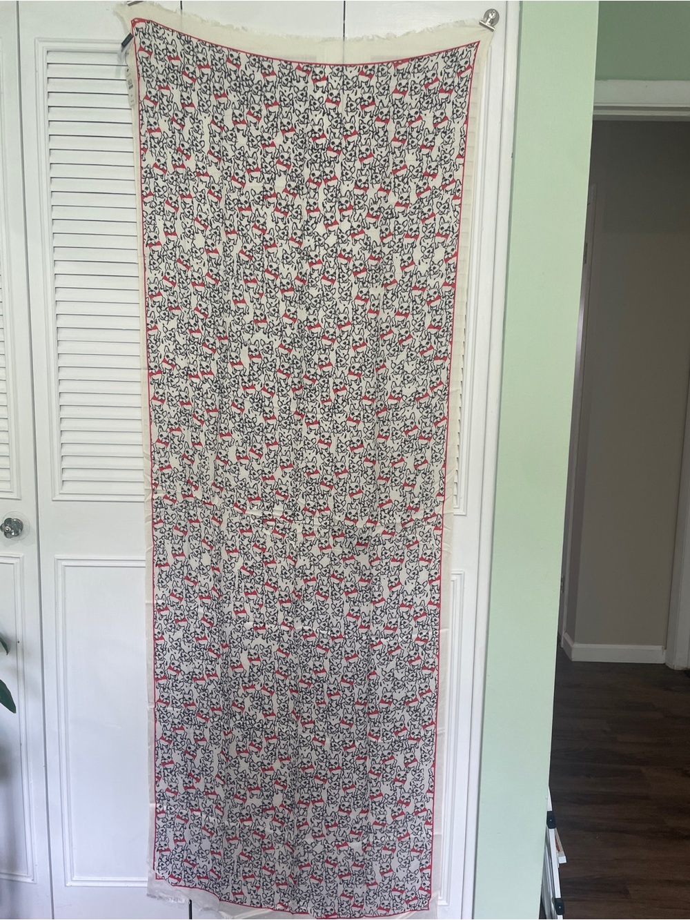 Talbots Cream Scarf with Black Abstract Print and Red Accents